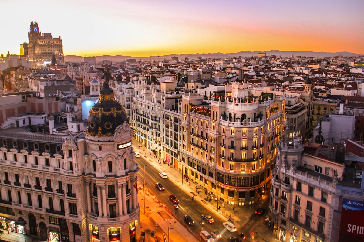 Gran Via boulevard in Madrid at sunset