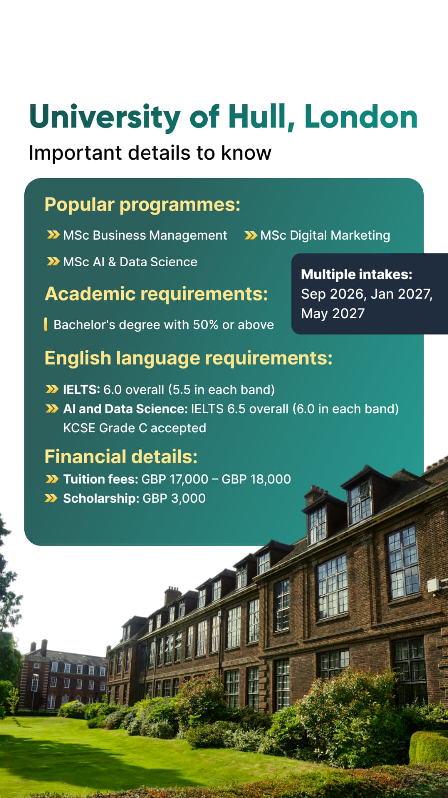 University of Hull London postgraduate course and scholarship information
